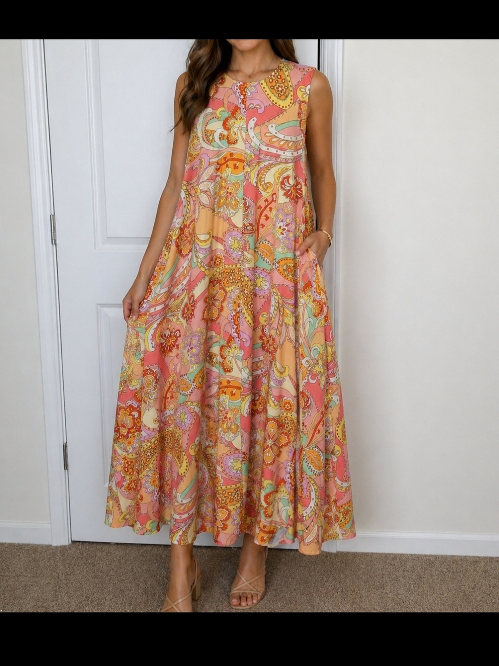 Aura Women's Sleeveless Pink Paisley Maxi Dress Size XS